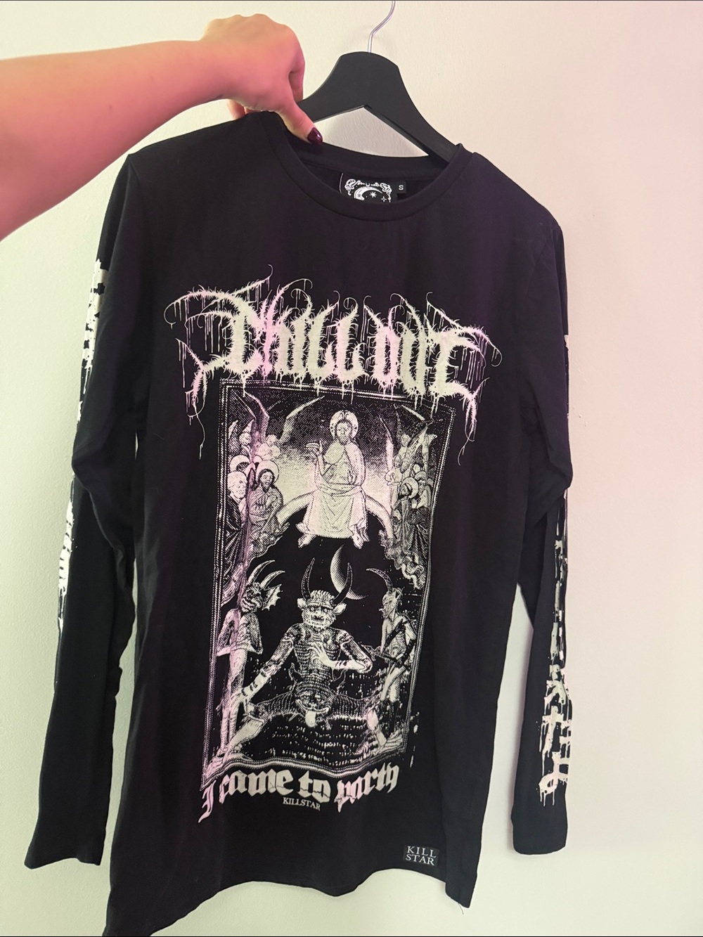 Killstar Black Long-Sleeve Graphic Tee with White and Light Pink Print